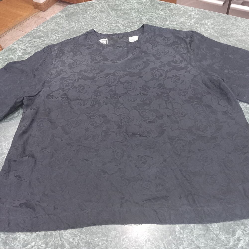 Vintage Peaches & Smith 100% Silk Short Sleeve Black Floral Tunic Top Classy EUC